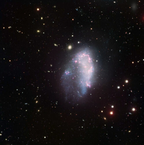 NGC 1427A, one of the dwarf galaxies in the Fornax cluster that appear to be devoid of dark matter halos (Image ESO)