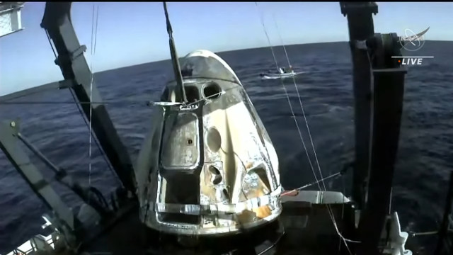 The Crew Dragon Freedom spacecraft on the ship Megan (Image NASA TV)