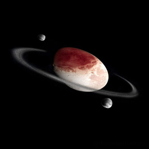 An artistic representation of Haumea with its moons Hiʻiaka and Namaka, which are actually much farther away from it, and its ring