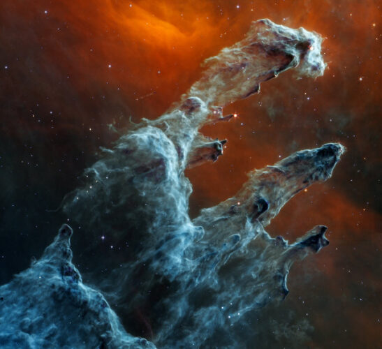 The Pillars of Creation as seen by the James Webb Space Telescope's MIRI instrument (Image NASA, ESA, CSA, STScI, J. DePasquale (STScI), A. Pagan (STScI))