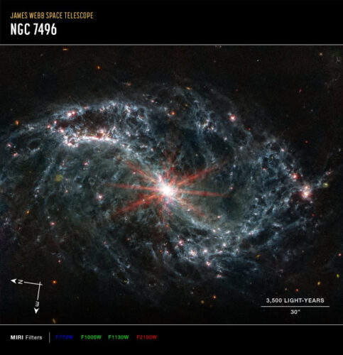 The galaxy NGC 7496 as seen by the James Webb Space Telescope (Image NASA, ESA, CSA, and J. Lee (NOIRLab), A. Pagan (STScI))