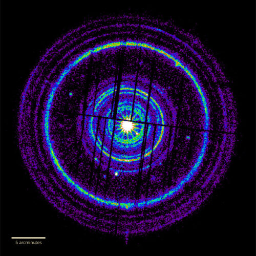 The concentric rings generated by the GRB221009A gamma-ray burst as seen by the XMM-Newton space telescope (Image ESA/XMM-Newton/M. Rigoselli (INAF))