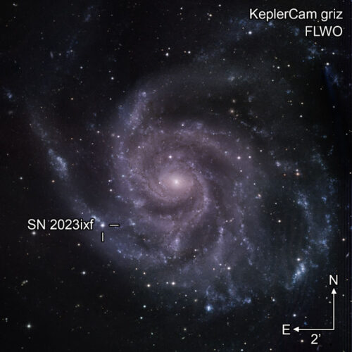 An image of the Pinwheel Galaxy with the location of supernova 2023ixf captured on June 27, 2023, using various optical and infrared frequency filters