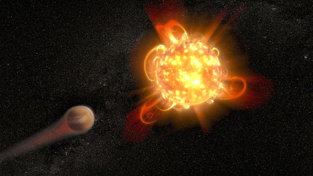 Artistic concept of a red dwarf in a phase of flares that strip the atmosphere from one of its planets (Image NASA, ESA, and D. Player (STScI))