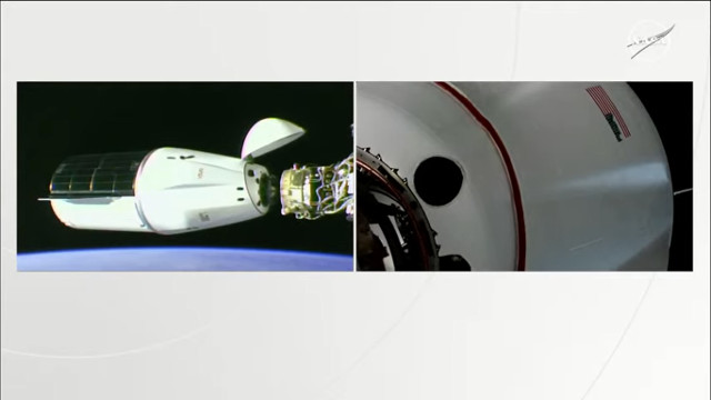 The Dragon 2 cargo spacecraft docking with the International Space Station in its CRS-29 mission (Image NASA TV)