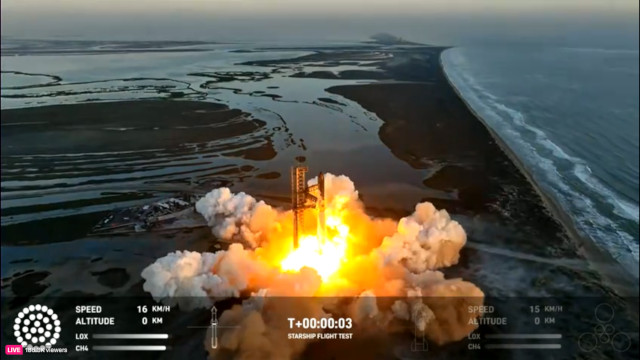 Super Heavy Booster 8 and Starship 25 blasting off (Image courtesy SpaceX)
