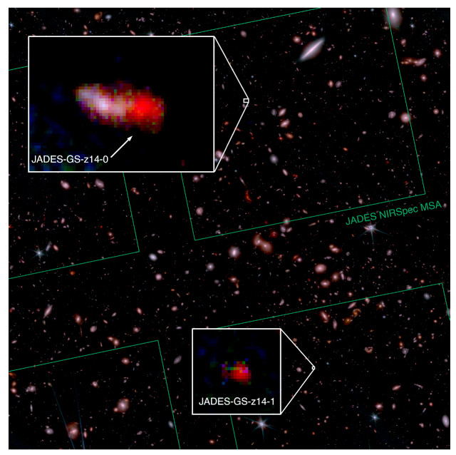 The JADES-Gs-z14-0 and JADES-Gs-z14-1 galaxies as seen by the James Webb Space Telescope, also zoomed in the insets