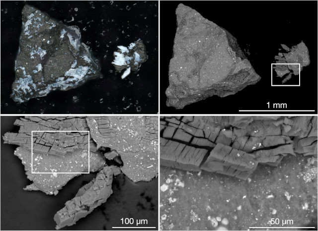 At the top left a sample taken from the asteroid Bennu and in the subsequent panels increasingly zoomed views of a fragment that broke off along a bright vein that contains phosphate, captured under an electron microscope