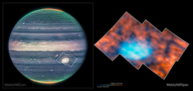 On the left the planet Jupiter seen by the James Webb Space Telescope's Near-Infrared Camera (NIRCam) instrument and on the right the Great Red Spot observed by the Near-InfraRed Spectrograph (NIRSpec) instrument