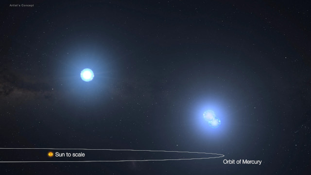 An illustration of the TIC 290061484 system with its three stars showing its compactness with a scale representation of the orbit of the planet Mercury in the solar system.