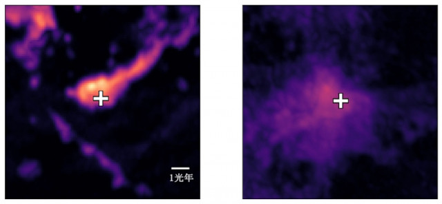 An example of a filamentary molecular cloud on the left and a fluffy cloud on the right in the Small Magellanic Cloud