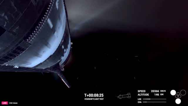 Starship 34 tumbling with only two engines active (Image courtesy SpaceX)