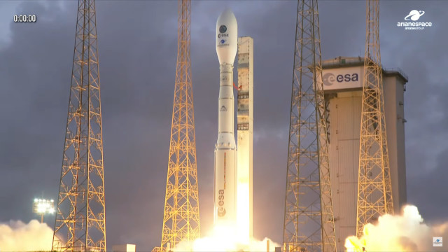 The Biomass satellite blasting off atop a Vega-C rocket (Image courtesy Arianespace)