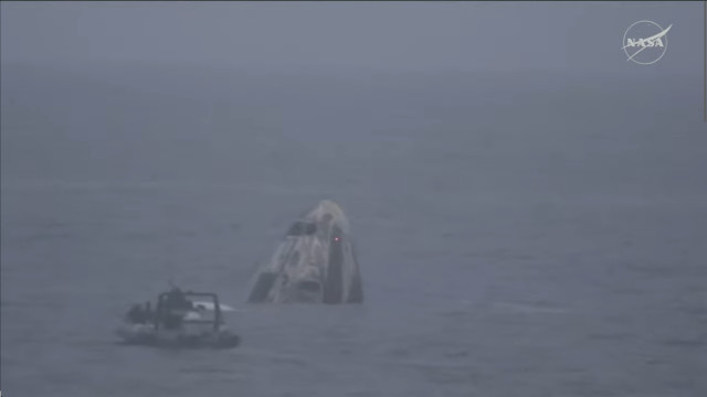 The Crew Dragon Endurance spacecraft after splashing down at the end of its Crew-10 mission (Image NASA+)
