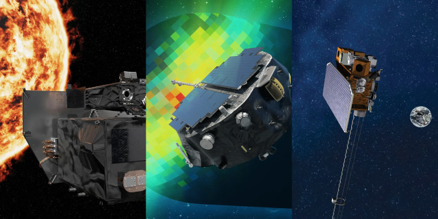 Artist's concept of the Carruthers Geocorona Observatory, IMAP (Interstellar Mapping and Acceleration Probe), and Space Weather Follow On-Lagrange 1 (SWFO-L1) space probes (Image NASA)