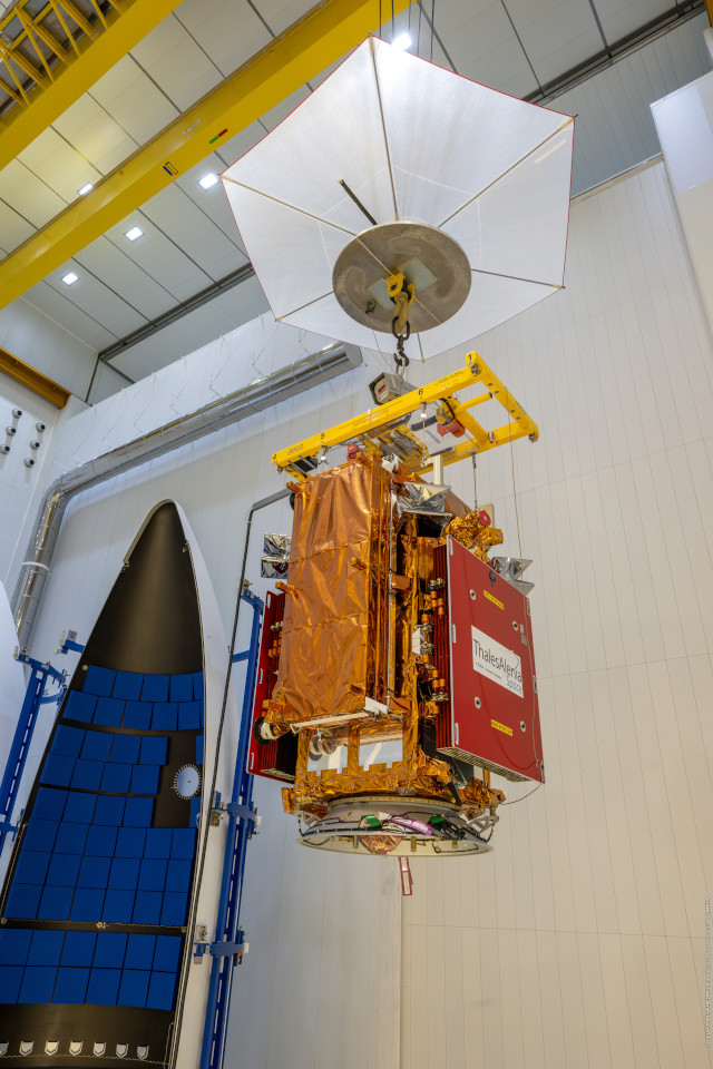 The Sentinel-1D satellite being prepared for launch (Photo courtesy ESA/CNES/Arianespace/Optique vidéo du CSG–S. Martin. ESA Standard Licence)