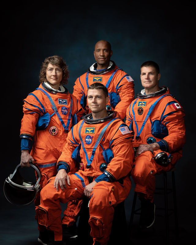 The Artemis II mission crew: Christina Koch, Victor Glover, Reid Wiseman, and Jeremy Hansen. (Photo NASA/Josh Valcarcel)