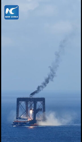 The first stage of the Long March 10B rocket during landing at the end of its maiden flight (Image courtesy of New China)