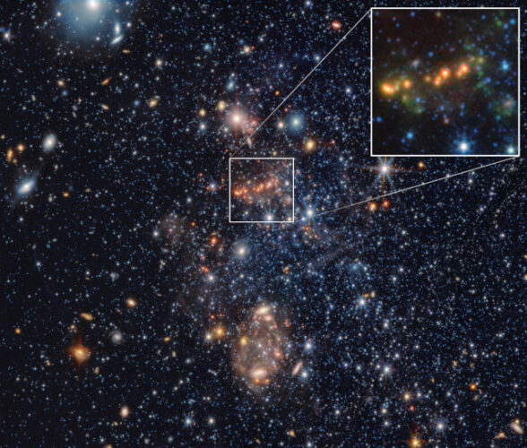 The Sextans A galaxy. In the inset, in green, polycyclic aromatic hydrocarbons (Image NASA, ESA, CSA, Elizabeth Tarantino (STScI), Martha Boyer (STScI), Julia Roman-Duval (STScI); Image Processing: Alyssa Pagan (STScI))