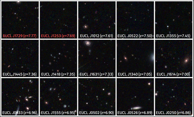 15 of the 31 discovered quasars. Each of them is visible as a dot at the center of its image. The two oldest quasars are shown in red.