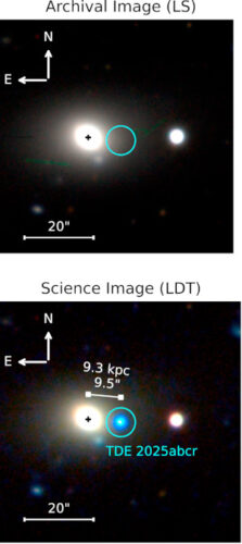 An archival image of the galaxy WISEA J014656.04-152214.7 and the location of the TDE 2025abcr event (above), as well as the same area imaged on December 14, 2025, with the tidal disruption event visible in the blue circle