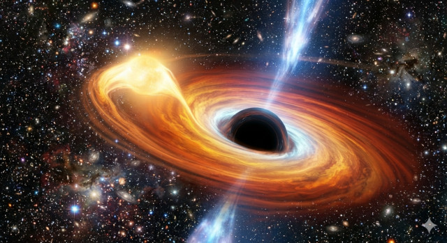 An artistic representation of a tidal disruption event: a star is destroyed by the intense tidal forces of a supermassive black hole, while some of its material forms an accretion disk around it. (Image generated by Google Gemini)
