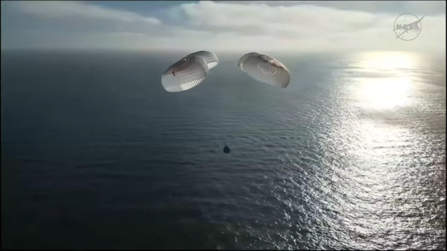 The Crew Dragon Freedom spacecraft splashing down at the end of its Crew-12 mission (Image NASA+)